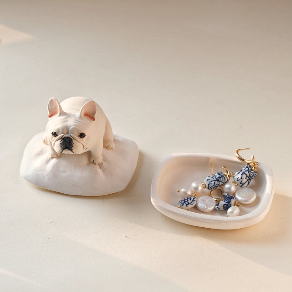 French Bulldog Ring Box with Bed | Personalized Ceramic Jewelry Holder | Cute Dog Ring Dish | Engagement Gift for Dog Lovers