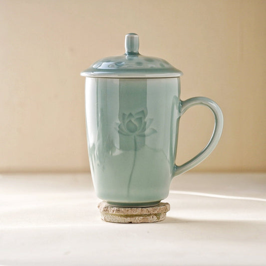 Lotus Ceramic Coffee Mug|Ceramic Tea Mug with Lid for Steeping Loose Leaf Tea|Great Gift Idea For Lotus Fans |Tea Gift