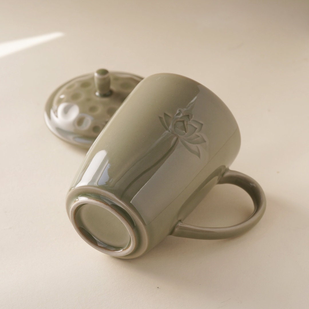 Lotus Ceramic Tea Mug with Lid for Steeping Loose Leaf Tea|Stoneware Yoga Meditation   Mug|Great Gift Idea For Lotus Fans |Tea Gift