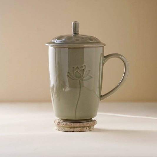 Lotus Ceramic Tea Mug with Lid for Steeping Loose Leaf Tea|Stoneware Yoga Meditation   Mug|Great Gift Idea For Lotus Fans |Tea Gift
