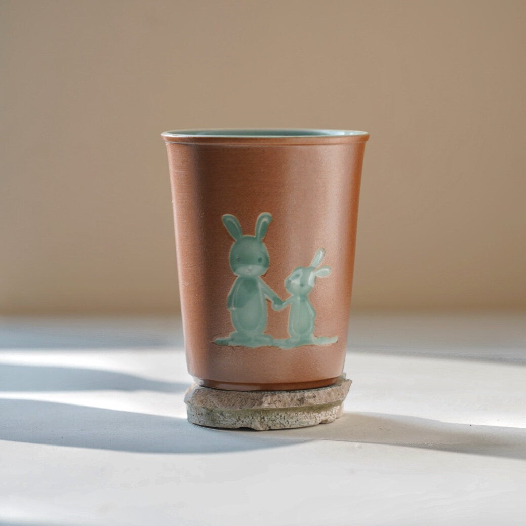 Handmade Ceramic Mug | Rabbit Engraved Tea Cup | 300ml Pottery Cup | Rustic Coffee Mug | Unique Gift for Tea Lovers |
