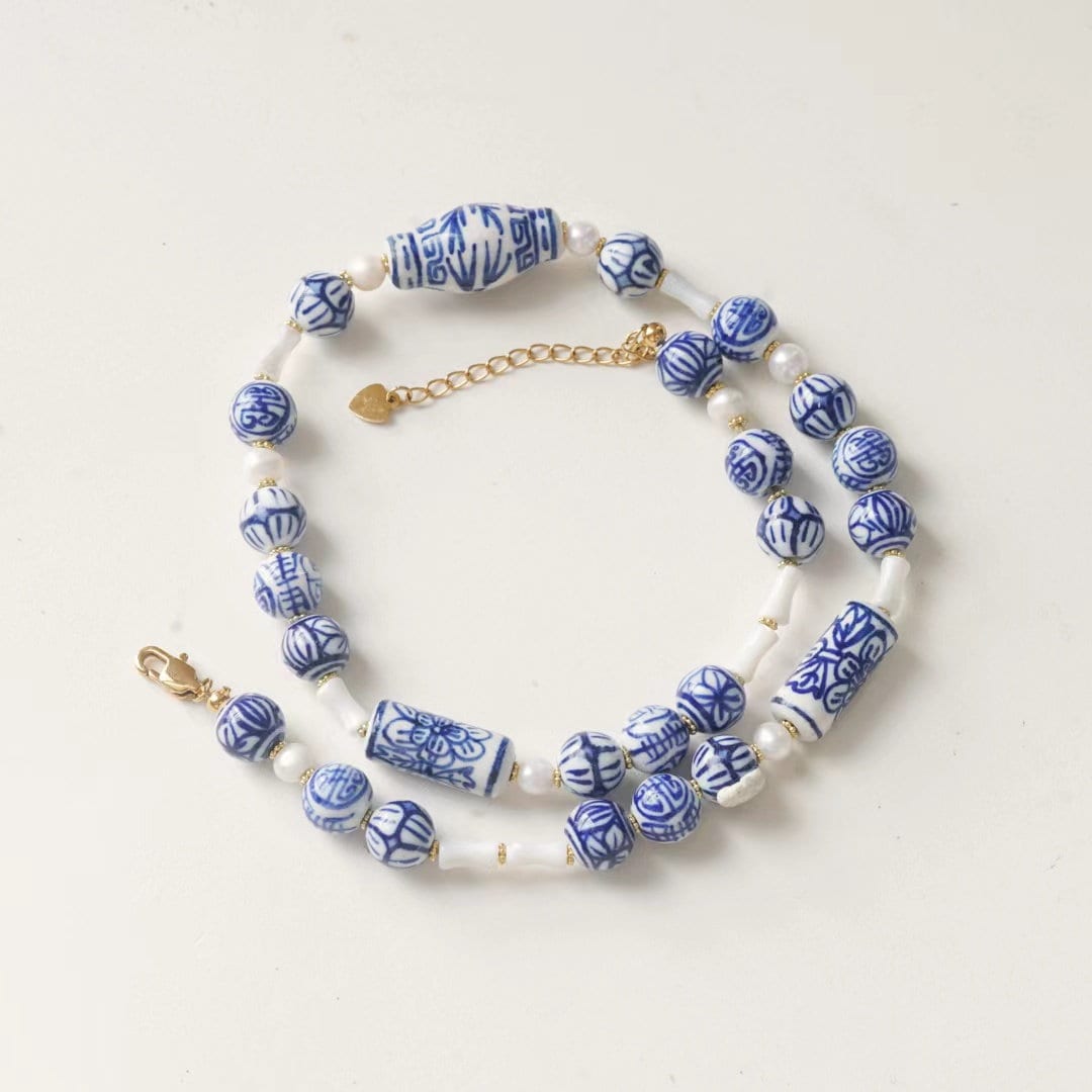 Elegant Blue and White Ceramic Choker Necklace， Delft Blue Inspired Ceramic Choker - Blue Beaded Necklace