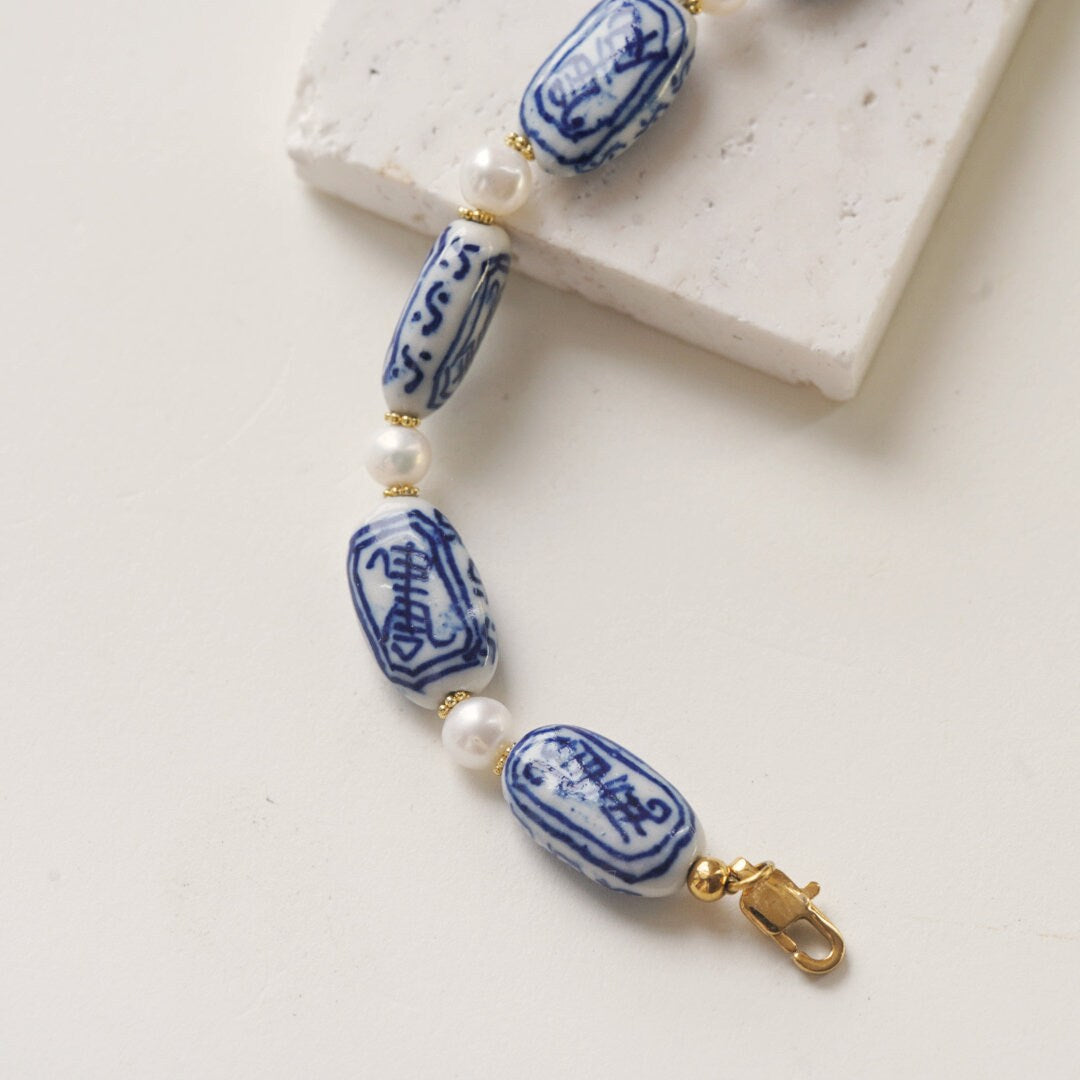 Handmade Blue and White Porcelain Choker Necklace with Freshwater Pearls, Adjustable Delft Blue Beaded Necklace, Elegant Gift for Women