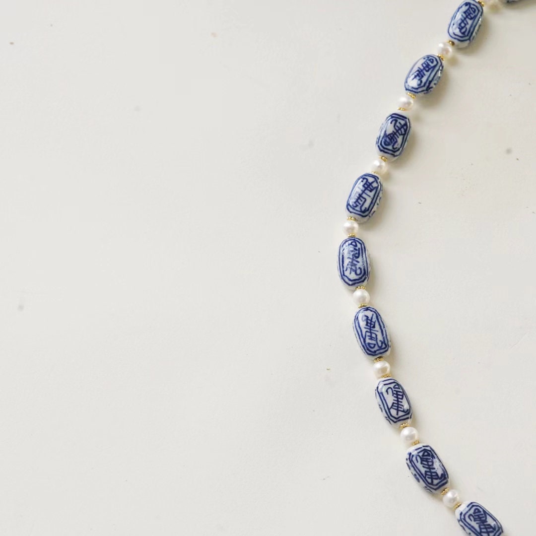 Handmade Blue and White Porcelain Choker Necklace with Freshwater Pearls, Adjustable Delft Blue Beaded Necklace, Elegant Gift for Women
