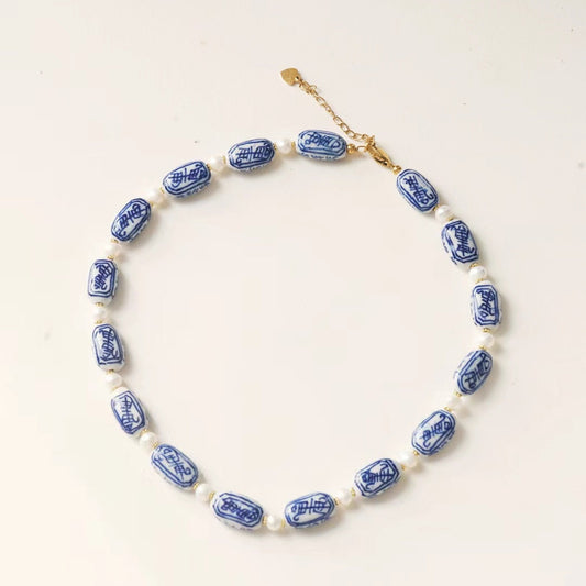Handmade Blue and White Porcelain Choker Necklace with Freshwater Pearls, Adjustable Delft Blue Beaded Necklace, Elegant Gift for Women