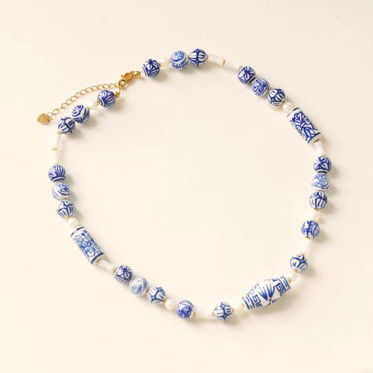 Elegant Blue and White Ceramic Choker Necklace， Delft Blue Inspired Ceramic Choker - Blue Beaded Necklace