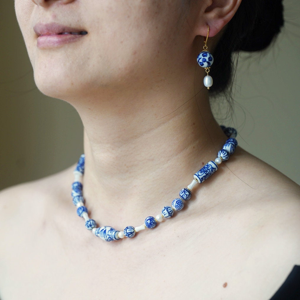 Handmade Blue and White Porcelain Choker Necklace with Freshwater Pearls, Adjustable Delft Blue Beaded Necklace, Elegant Gift for Women