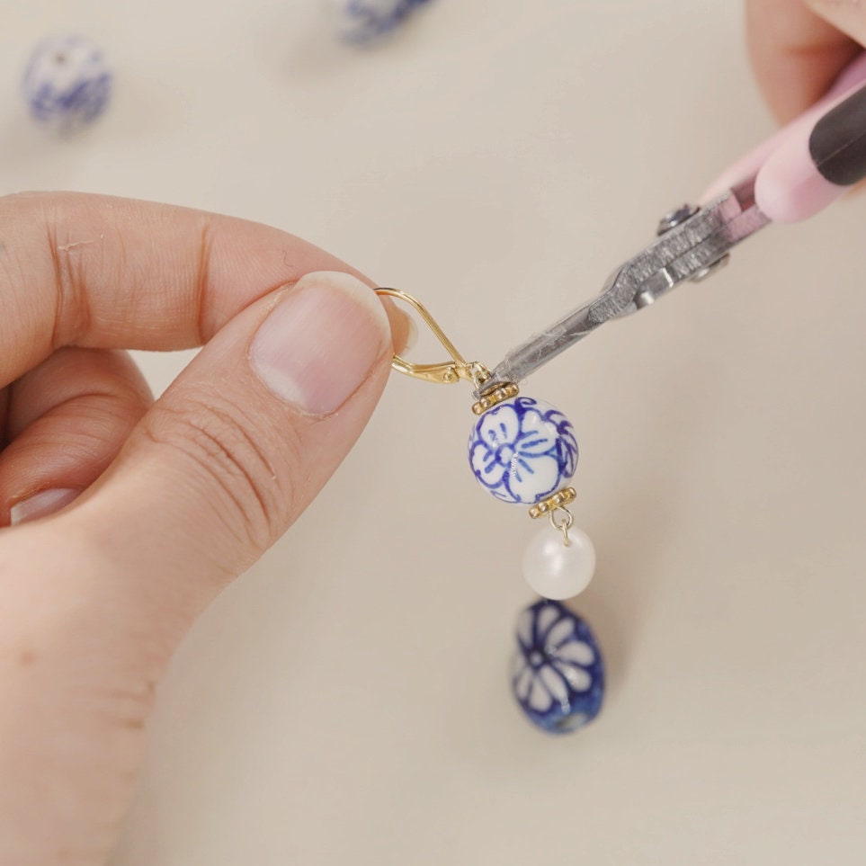 Four Leaf Clover Blue and White Porcelain Earrings, Freshwater Pearls, 14K Gold Leverback