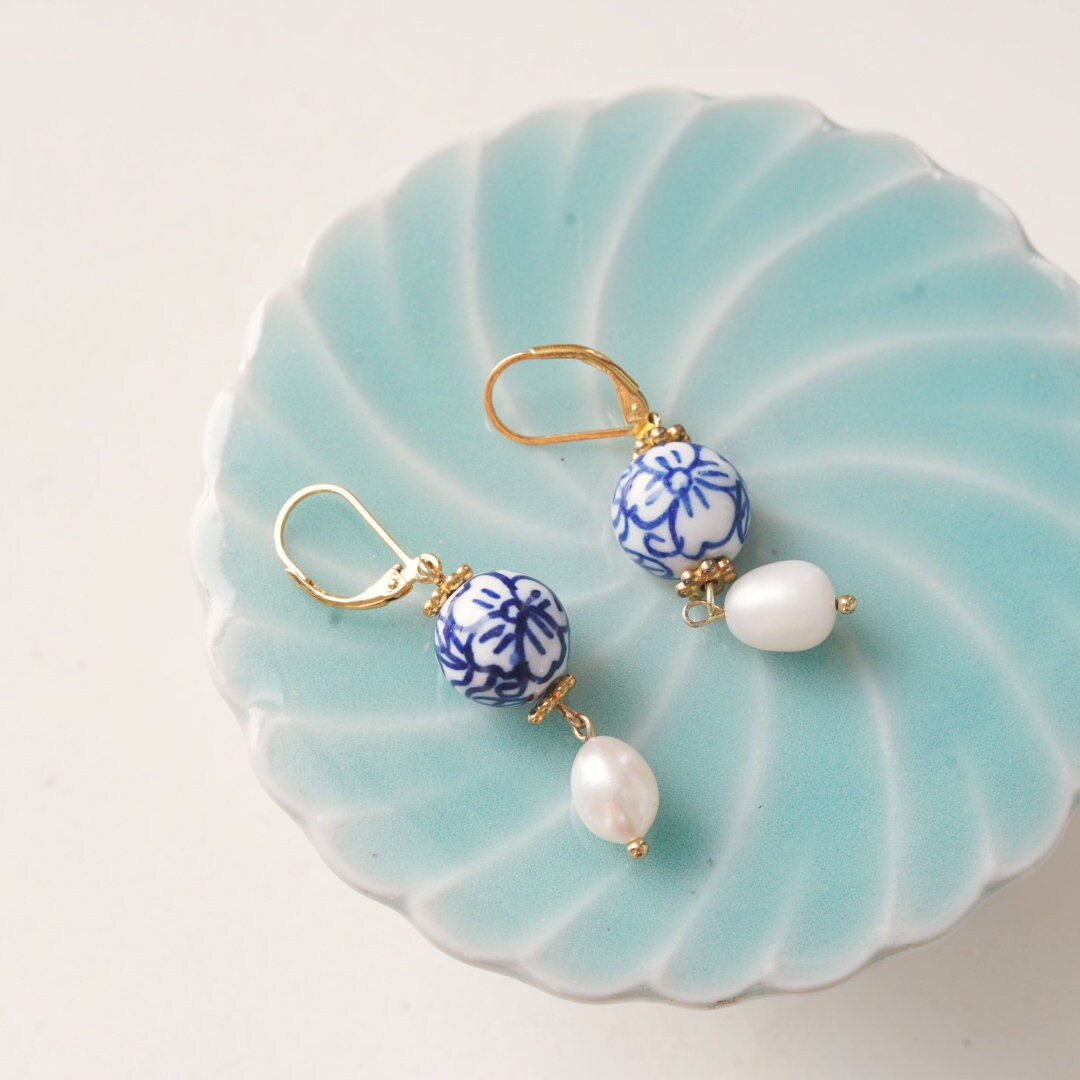 Four Leaf Clover Blue and White Porcelain Earrings, Freshwater Pearls, 14K Gold Leverback