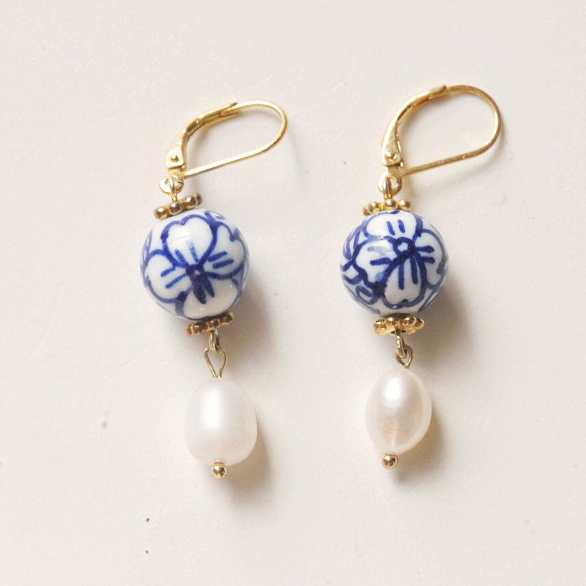 Four Leaf Clover Blue and White Porcelain Earrings, Freshwater Pearls, 14K Gold Leverback
