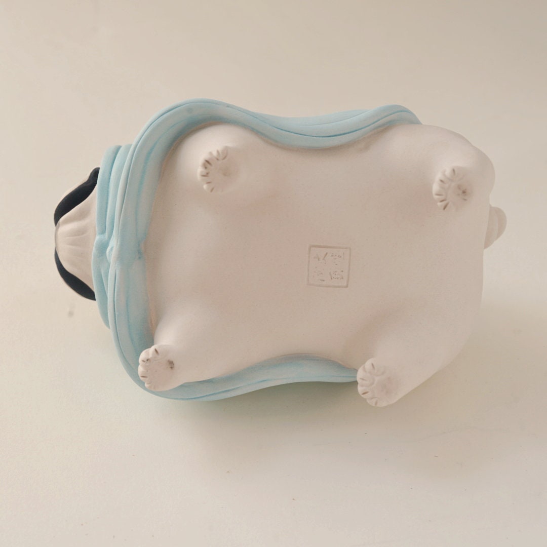 Handmade French Bulldog Figurine in Starry Blue Costume | Long Quan Celadon Ceramic Art | Dog Lover Gift | 4.7" Long x 3.1" Tall