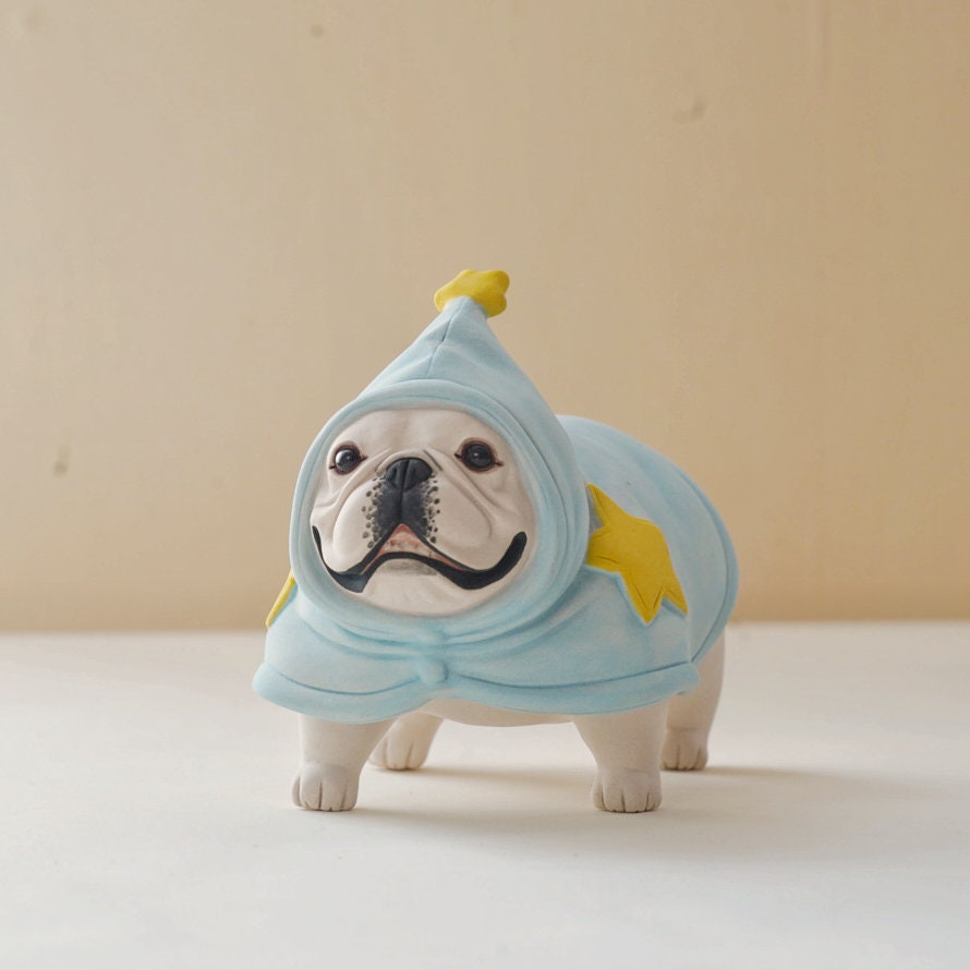 Handmade French Bulldog Figurine in Starry Blue Costume | Long Quan Celadon Ceramic Art | Dog Lover Gift | 4.7" Long x 3.1" Tall