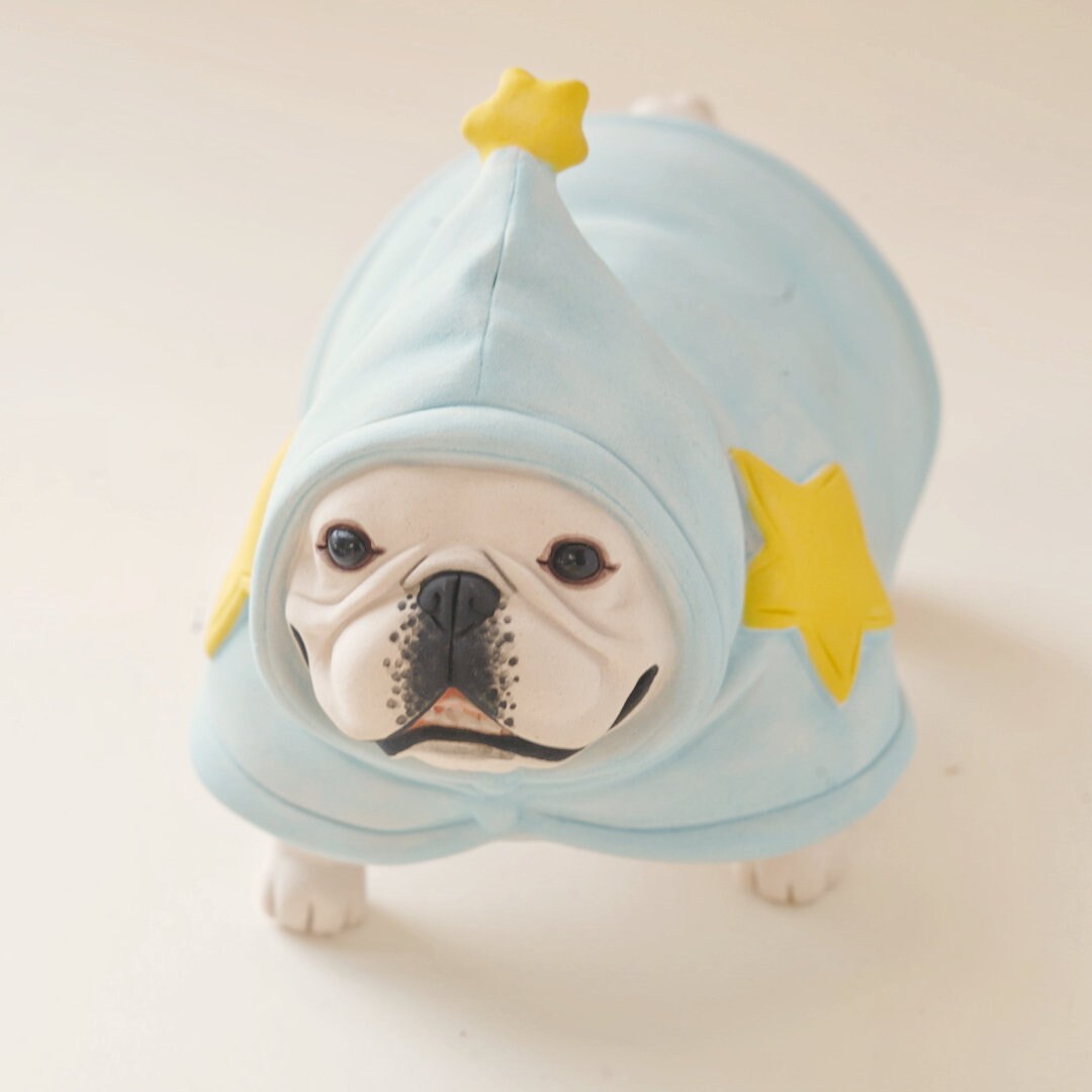 Handmade French Bulldog Figurine in Starry Blue Costume | Long Quan Celadon Ceramic Art | Dog Lover Gift | 4.7" Long x 3.1" Tall