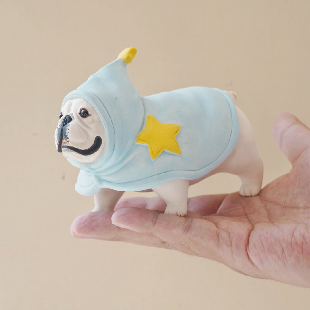 Handmade French Bulldog Figurine in Starry Blue Costume | Long Quan Celadon Ceramic Art | Dog Lover Gift | 4.7" Long x 3.1" Tall