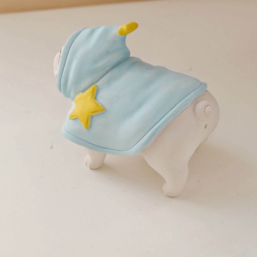 Handmade French Bulldog Figurine in Starry Blue Costume | Long Quan Celadon Ceramic Art | Dog Lover Gift | 4.7" Long x 3.1" Tall