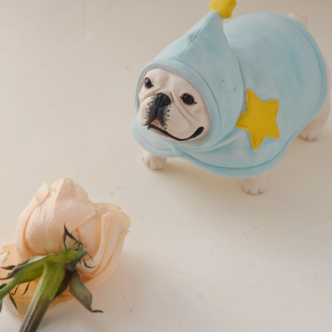 Handmade French Bulldog Figurine in Starry Blue Costume | Long Quan Celadon Ceramic Art | Dog Lover Gift | 4.7" Long x 3.1" Tall