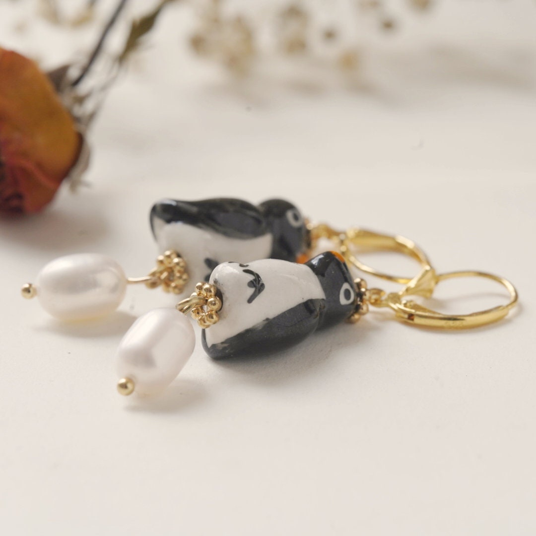 Hand-Painted Penguin Porcelain Earrings with Freshwater Pearls, 925 Sterling Silver Leverback