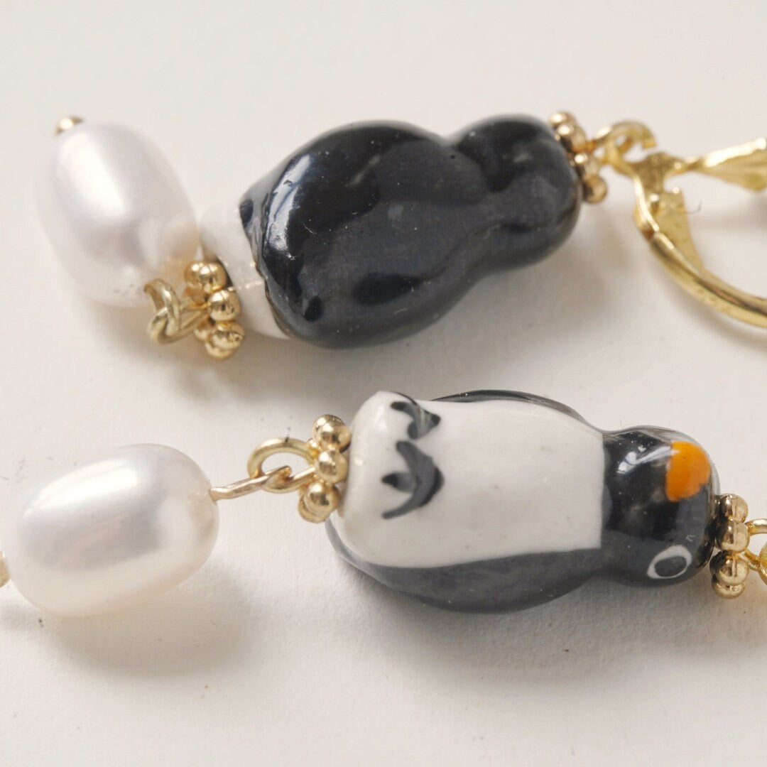 Hand-Painted Penguin Porcelain Earrings with Freshwater Pearls, 925 Sterling Silver Leverback