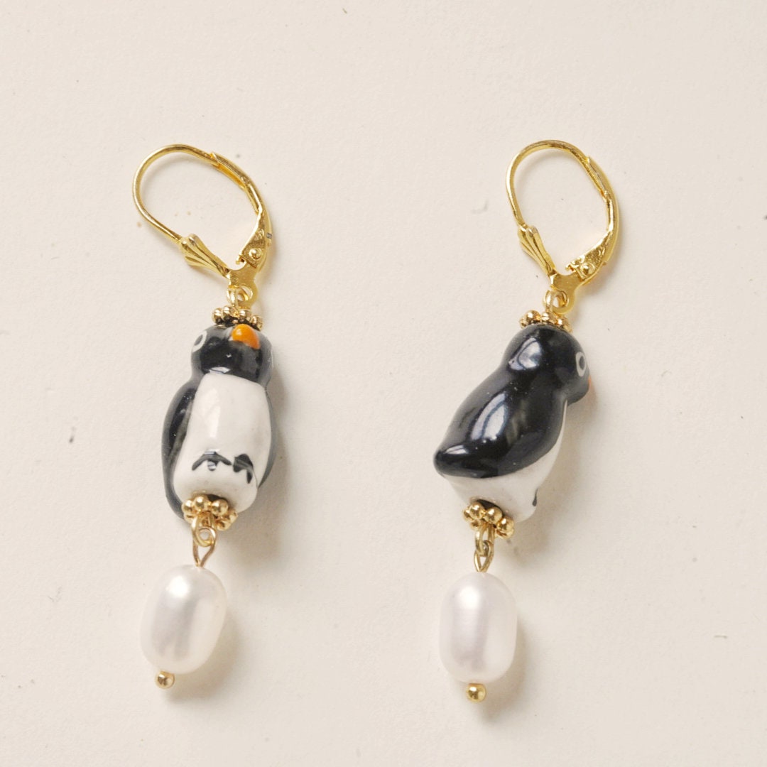 Hand-Painted Penguin Porcelain Earrings with Freshwater Pearls, 925 Sterling Silver Leverback