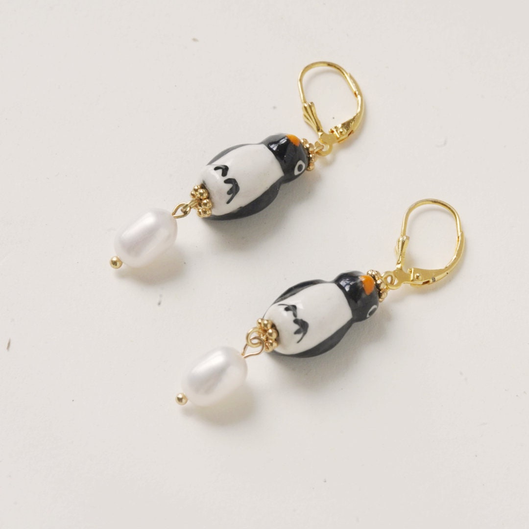 Hand-Painted Penguin Porcelain Earrings with Freshwater Pearls, 925 Sterling Silver Leverback