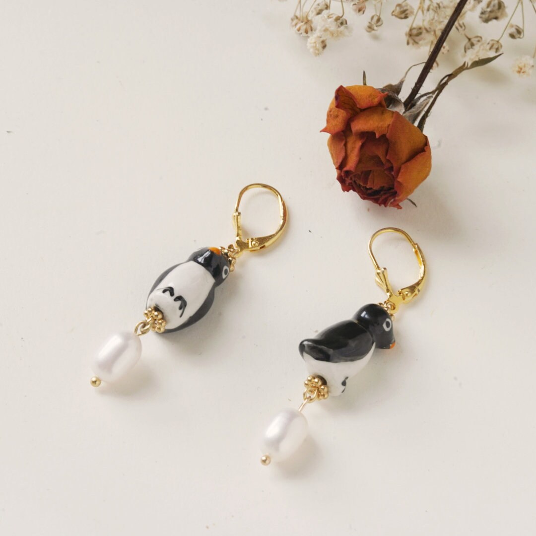 Hand-Painted Penguin Porcelain Earrings with Freshwater Pearls, 925 Sterling Silver Leverback
