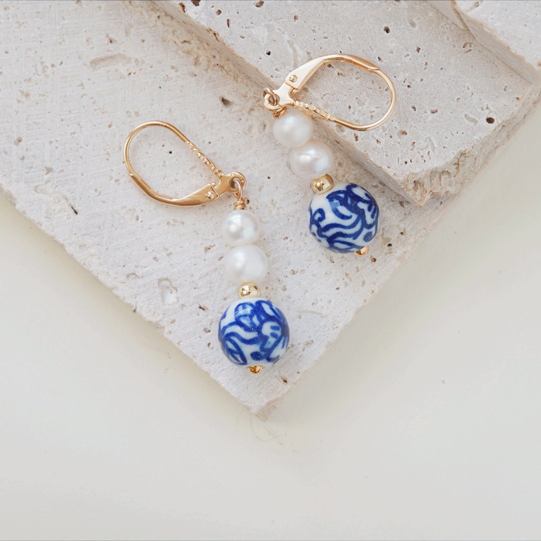 Blue and White Earrings| Elegant Blue Porcelain and Pearl Drop Earrings | Gold Leverback Earrings | Handmade Jewelry | Gift for Her