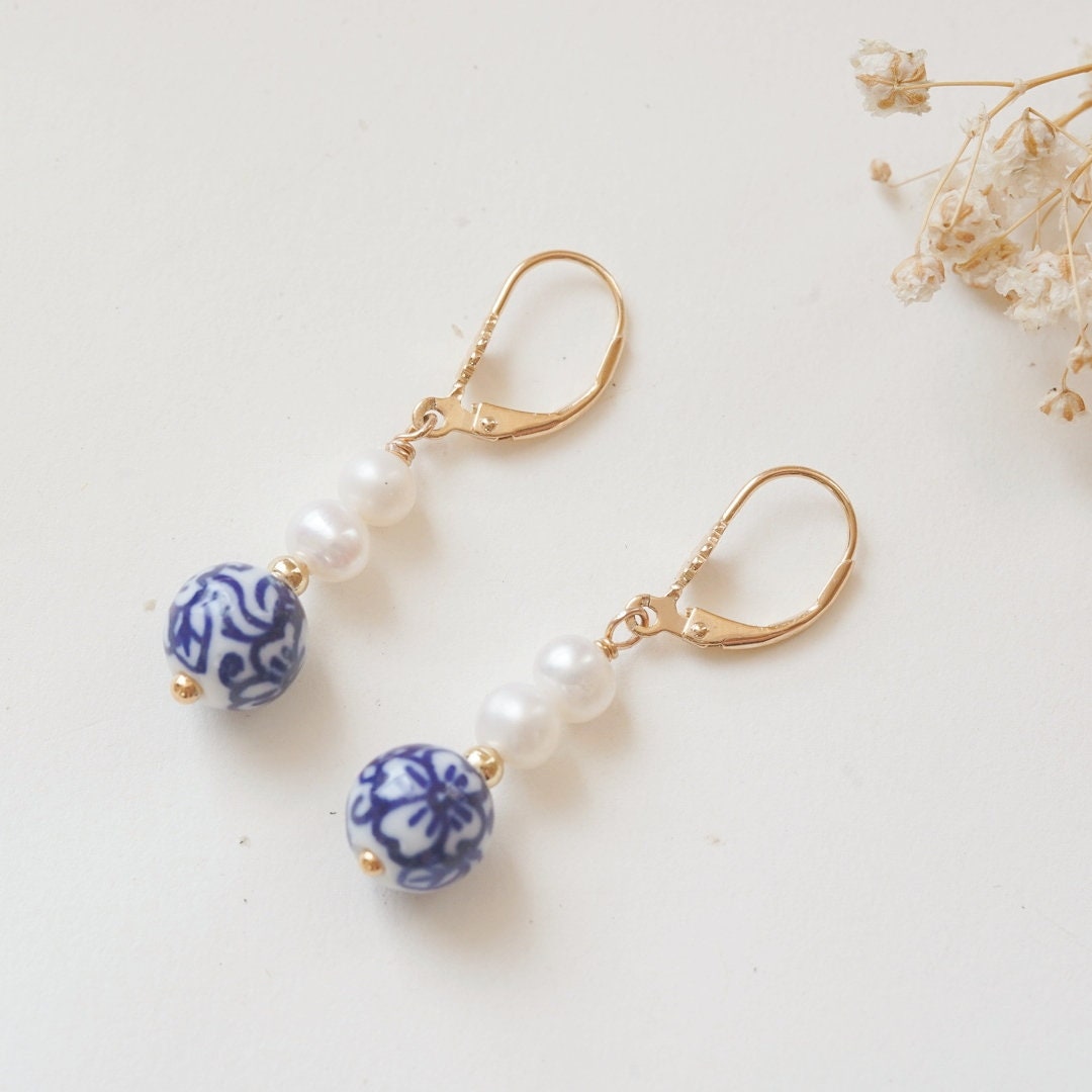 Blue and White Earrings| Elegant Blue Porcelain and Pearl Drop Earrings | Gold Leverback Earrings | Handmade Jewelry | Gift for Her