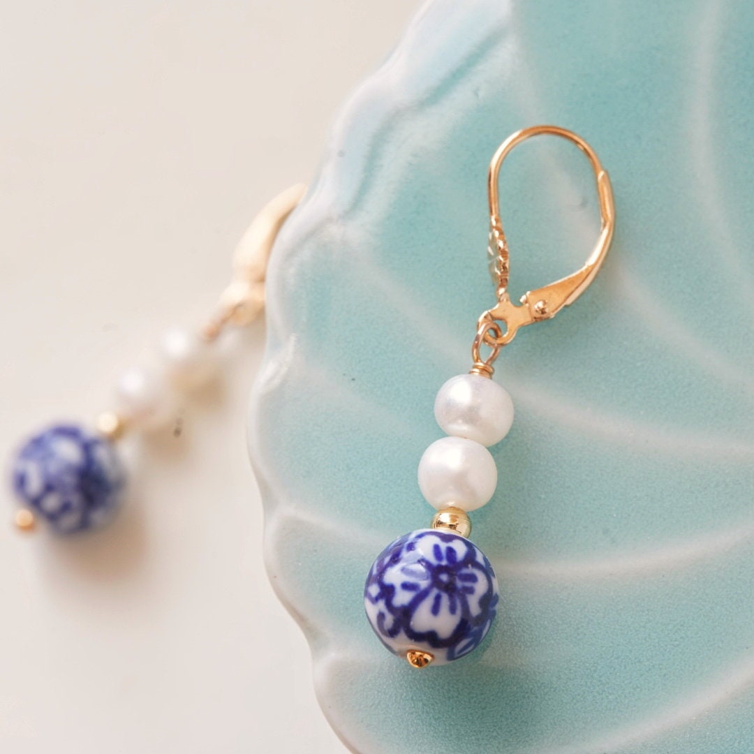Blue and White Earrings| Elegant Blue Porcelain and Pearl Drop Earrings | Gold Leverback Earrings | Handmade Jewelry | Gift for Her