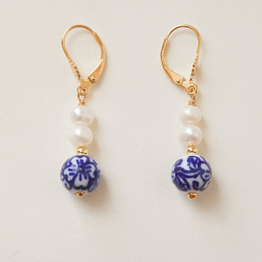 Blue and White Earrings| Elegant Blue Porcelain and Pearl Drop Earrings | Gold Leverback Earrings | Handmade Jewelry | Gift for Her