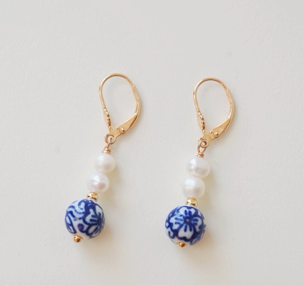Blue and White Earrings| Elegant Blue Porcelain and Pearl Drop Earrings | Gold Leverback Earrings | Handmade Jewelry | Gift for Her