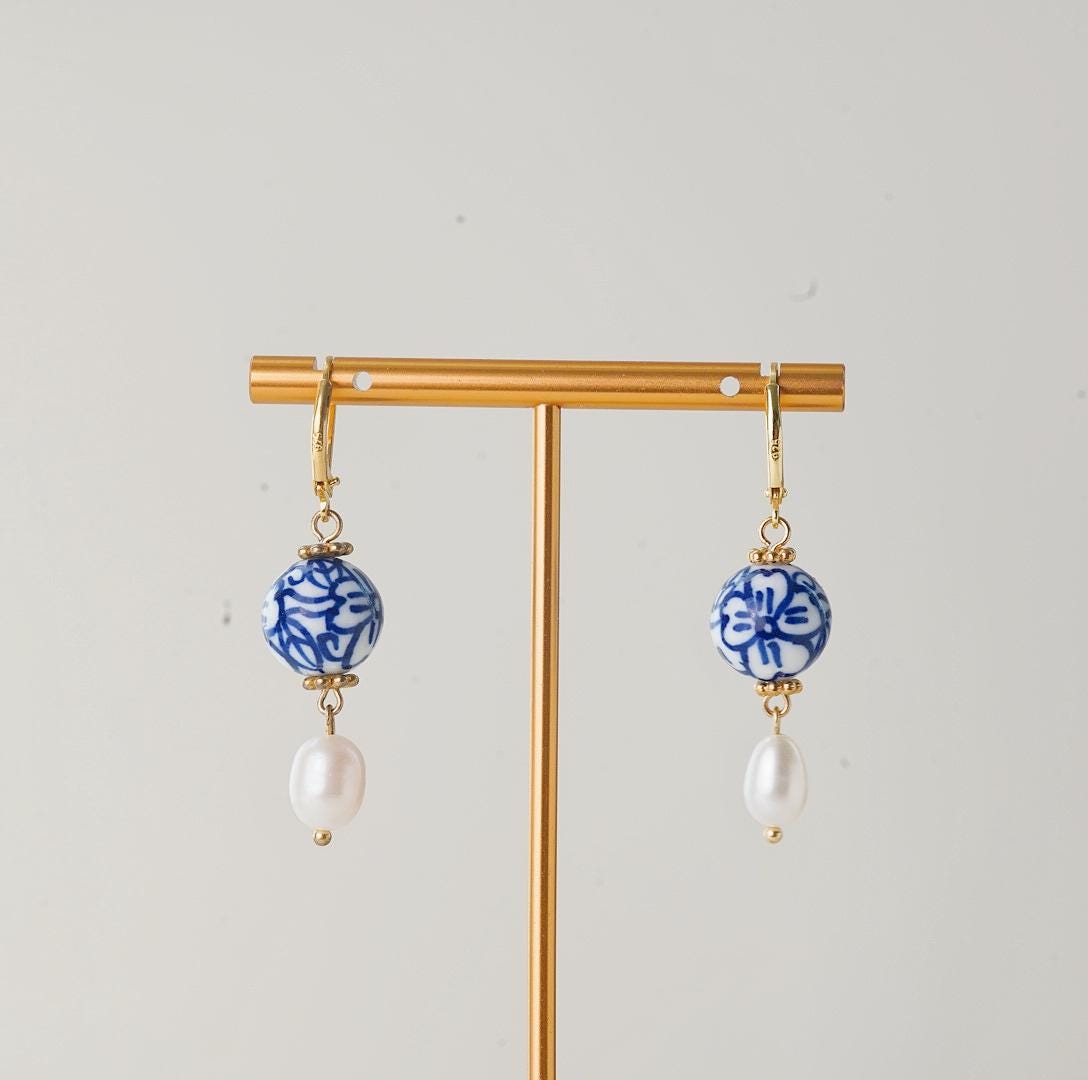 Four Leaf Clover Blue and White Porcelain Earrings, Freshwater Pearls, 14K Gold Leverback
