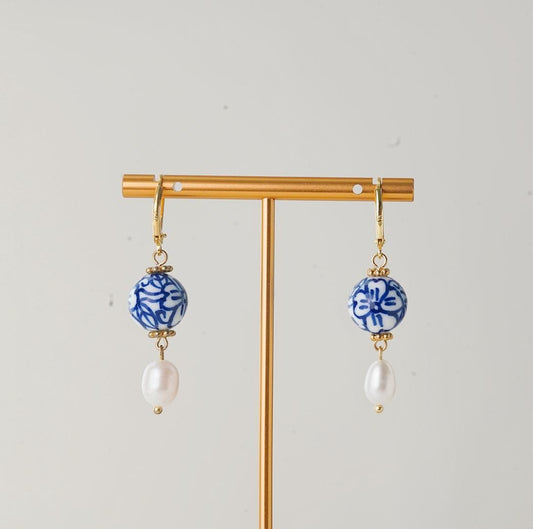 Four Leaf Clover Blue and White Porcelain Earrings, Freshwater Pearls, 14K Gold Leverback