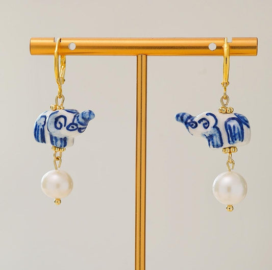 Blue White Porcelain Elephant and Pearl Charm, Unique Animal Earrings, Dainty Gold Huggie Hoops, Lucky Elephant Jewelry Gift