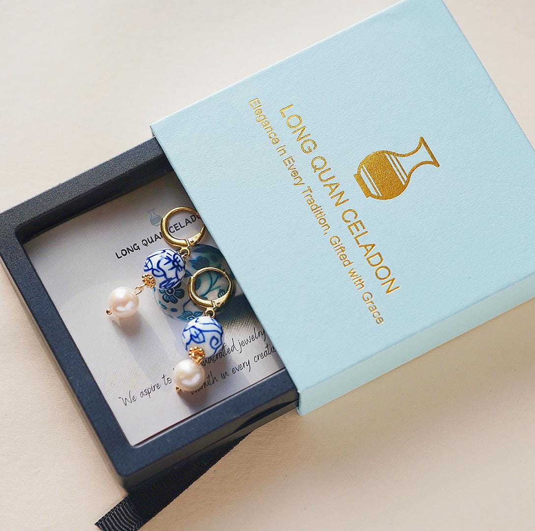 Four Leaf Clover Blue and White Porcelain Earrings, Freshwater Pearls, 14K Gold Leverback