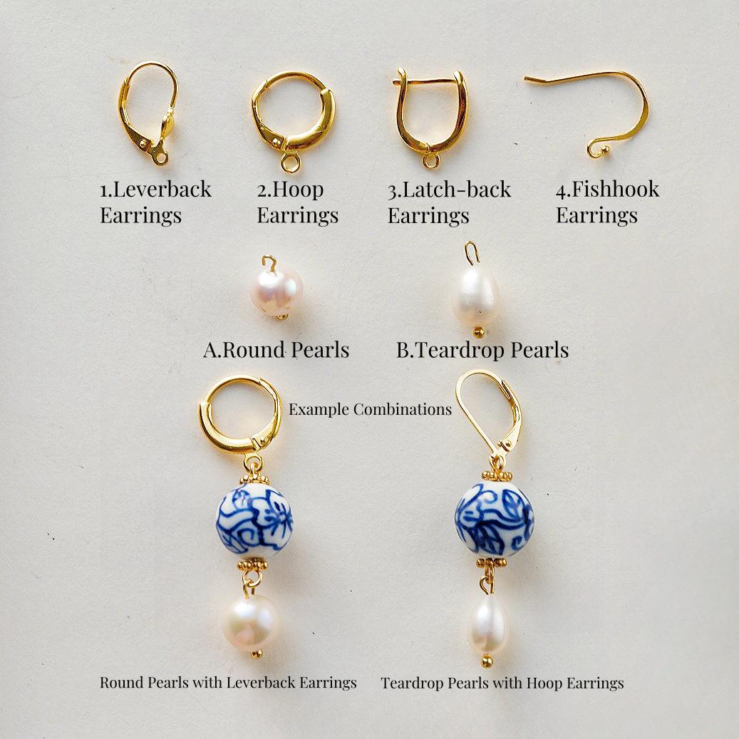 Four Leaf Clover Blue and White Porcelain Earrings, Freshwater Pearls, 14K Gold Leverback