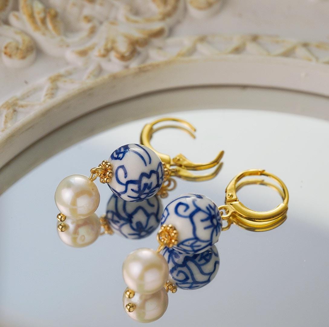 Four Leaf Clover Blue and White Porcelain Earrings, Freshwater Pearls, 14K Gold Leverback