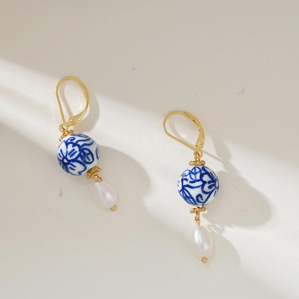 Four Leaf Clover Blue and White Porcelain Earrings, Freshwater Pearls, 14K Gold Leverback
