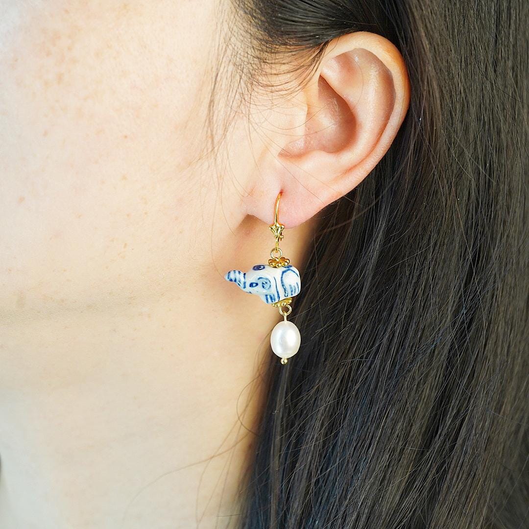 Blue White Porcelain Elephant and Pearl Charm, Unique Animal Earrings, Dainty Gold Huggie Hoops, Lucky Elephant Jewelry Gift