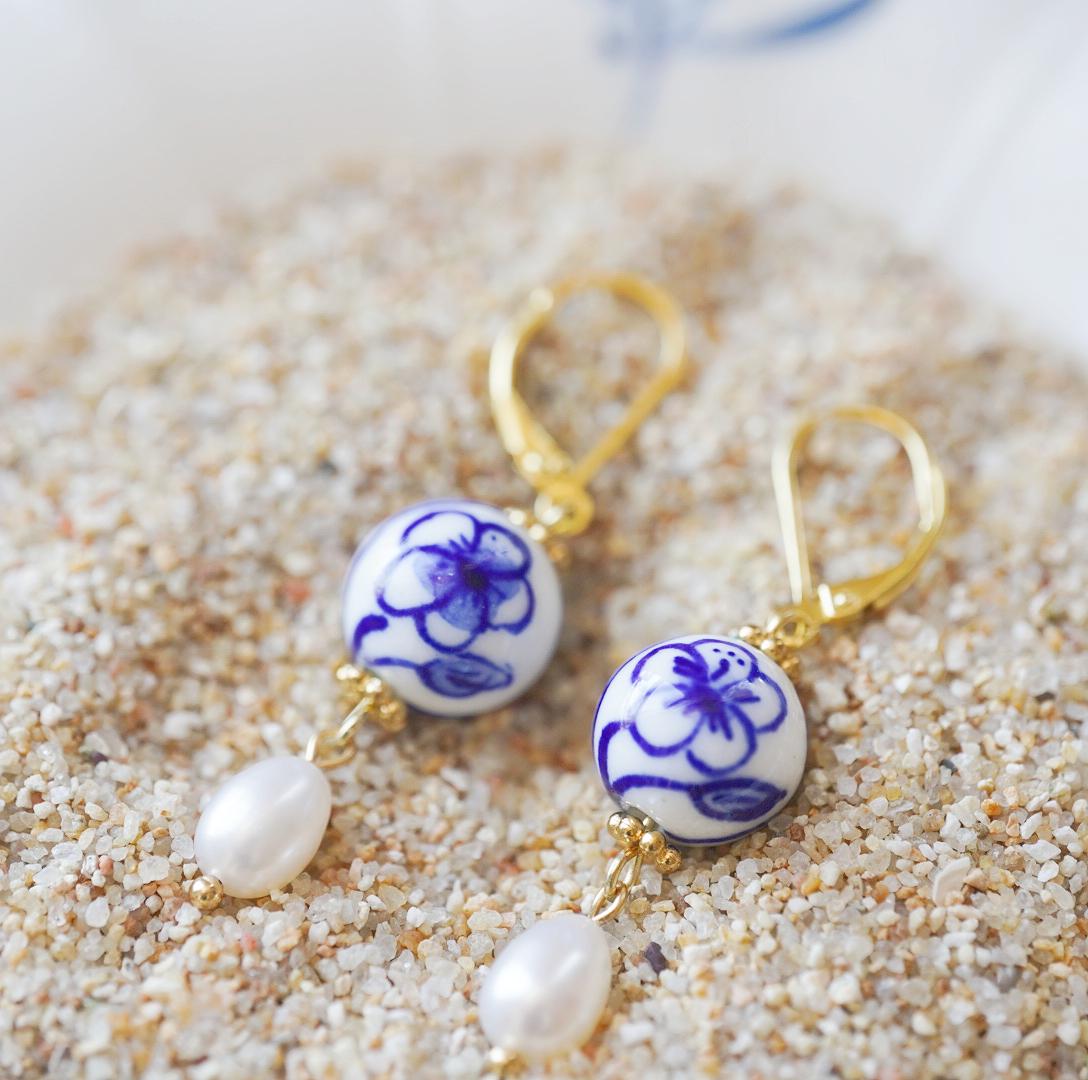Handcrafted Sakura Blue and White Porcelain Earrings with Freshwater Pearl Drop, Artisan 925 Sterling Silver Hooks