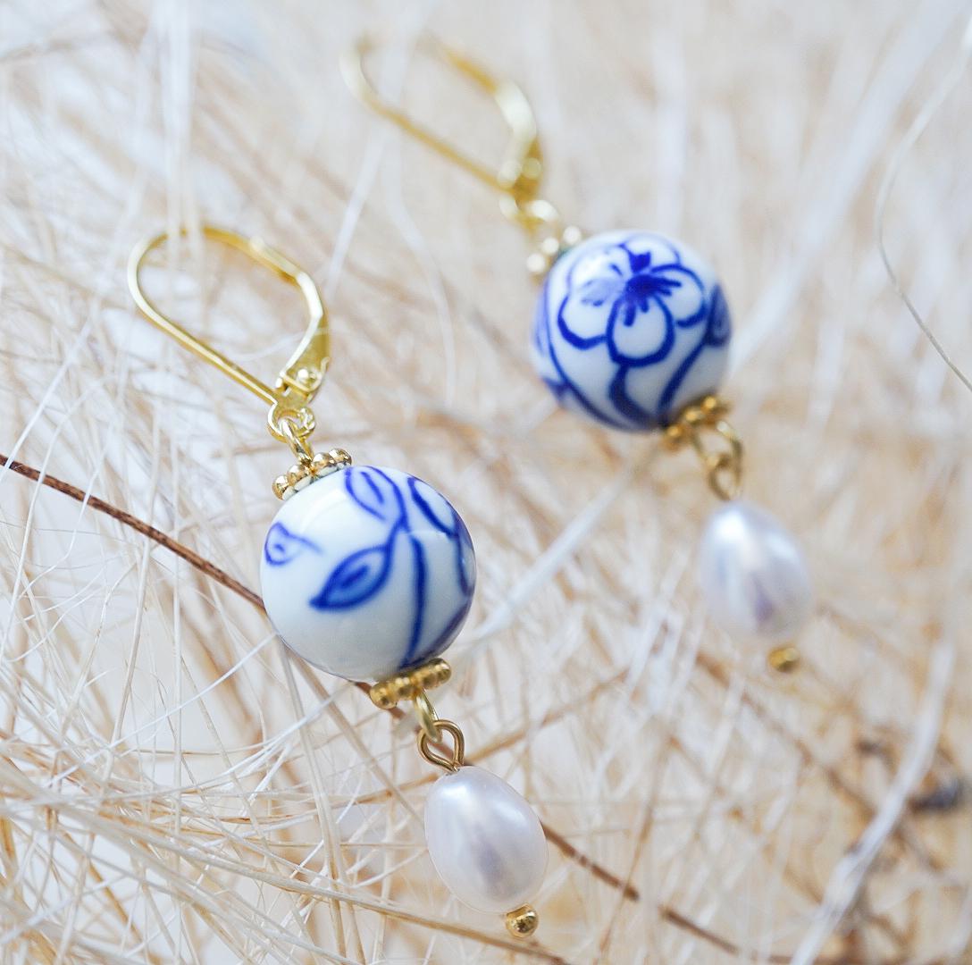 Handcrafted Sakura Blue and White Porcelain Earrings with Freshwater Pearl Drop, Artisan 925 Sterling Silver Hooks