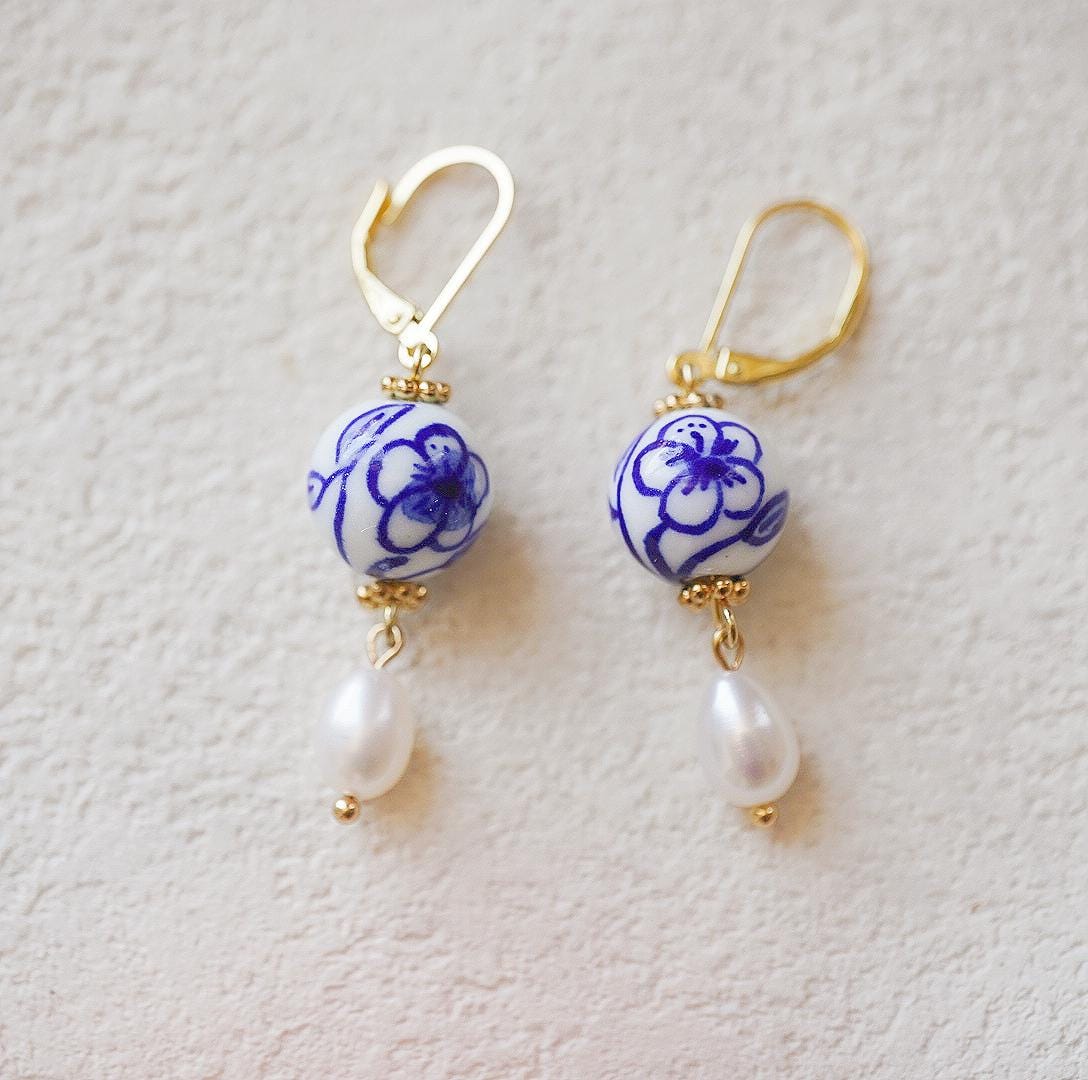 Handcrafted Sakura Blue and White Porcelain Earrings with Freshwater Pearl Drop, Artisan 925 Sterling Silver Hooks