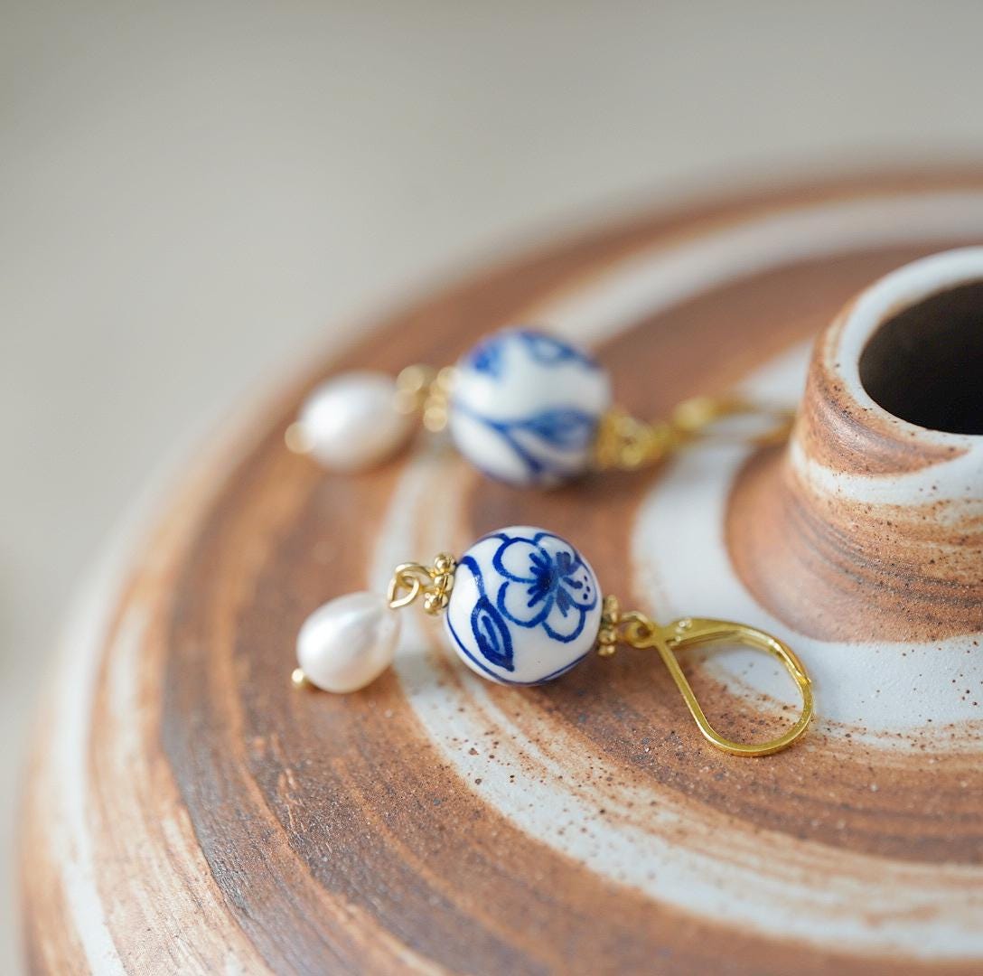 Handcrafted Sakura Blue and White Porcelain Earrings with Freshwater Pearl Drop, Artisan 925 Sterling Silver Hooks