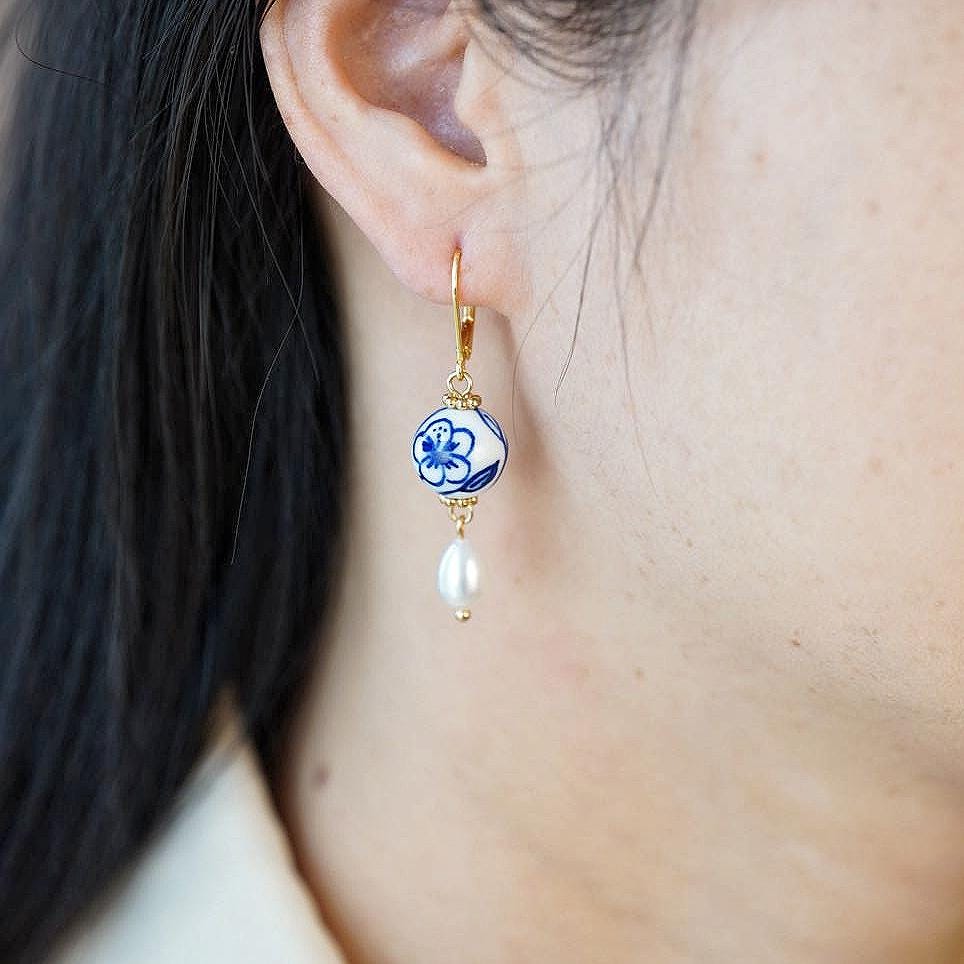 Handcrafted Sakura Blue and White Porcelain Earrings with Freshwater Pearl Drop, Artisan 925 Sterling Silver Hooks