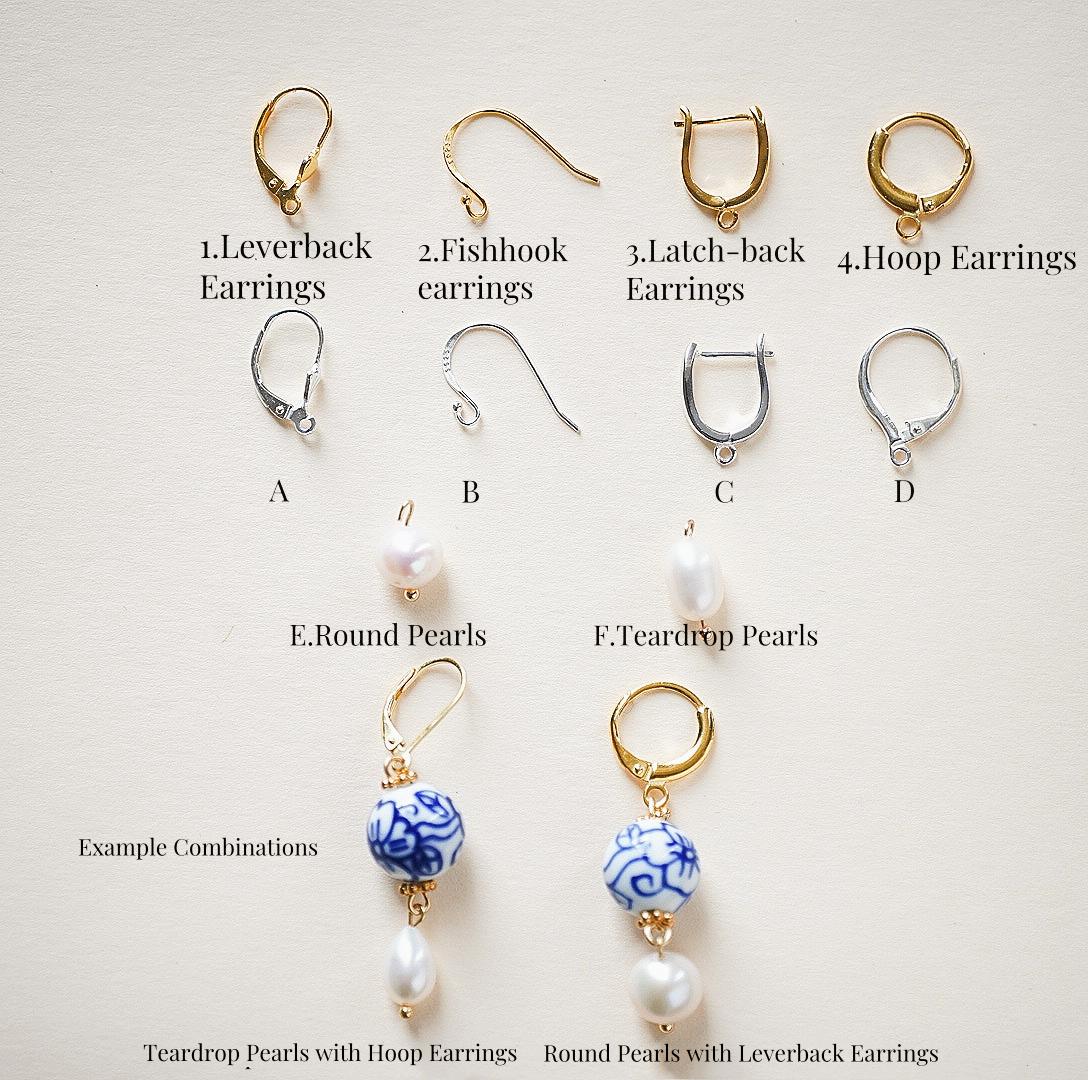 Handcrafted Sakura Blue and White Porcelain Earrings with Freshwater Pearl Drop, Artisan 925 Sterling Silver Hooks