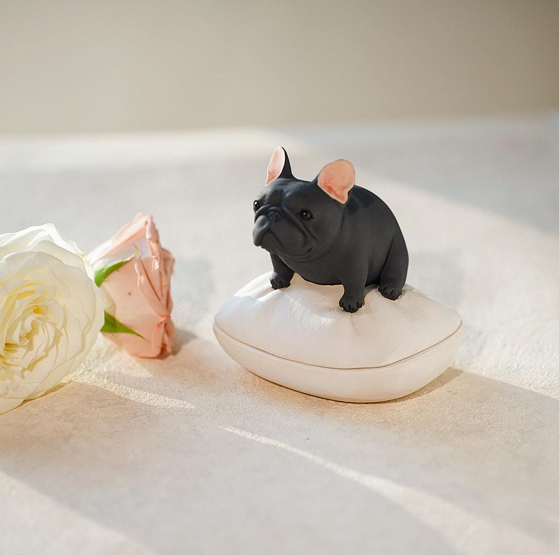 French Bulldog Ring Box with Bed | Personalized Ceramic Jewelry Holder | Cute Dog Ring Dish | Engagement Gift for Dog Lovers