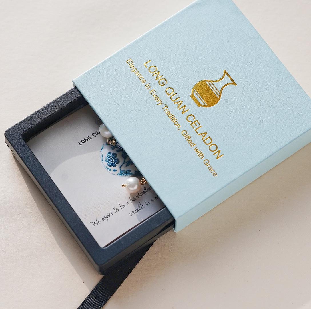 Handcrafted Sakura Blue and White Porcelain Earrings with Freshwater Pearl Drop, Artisan 925 Sterling Silver Hooks