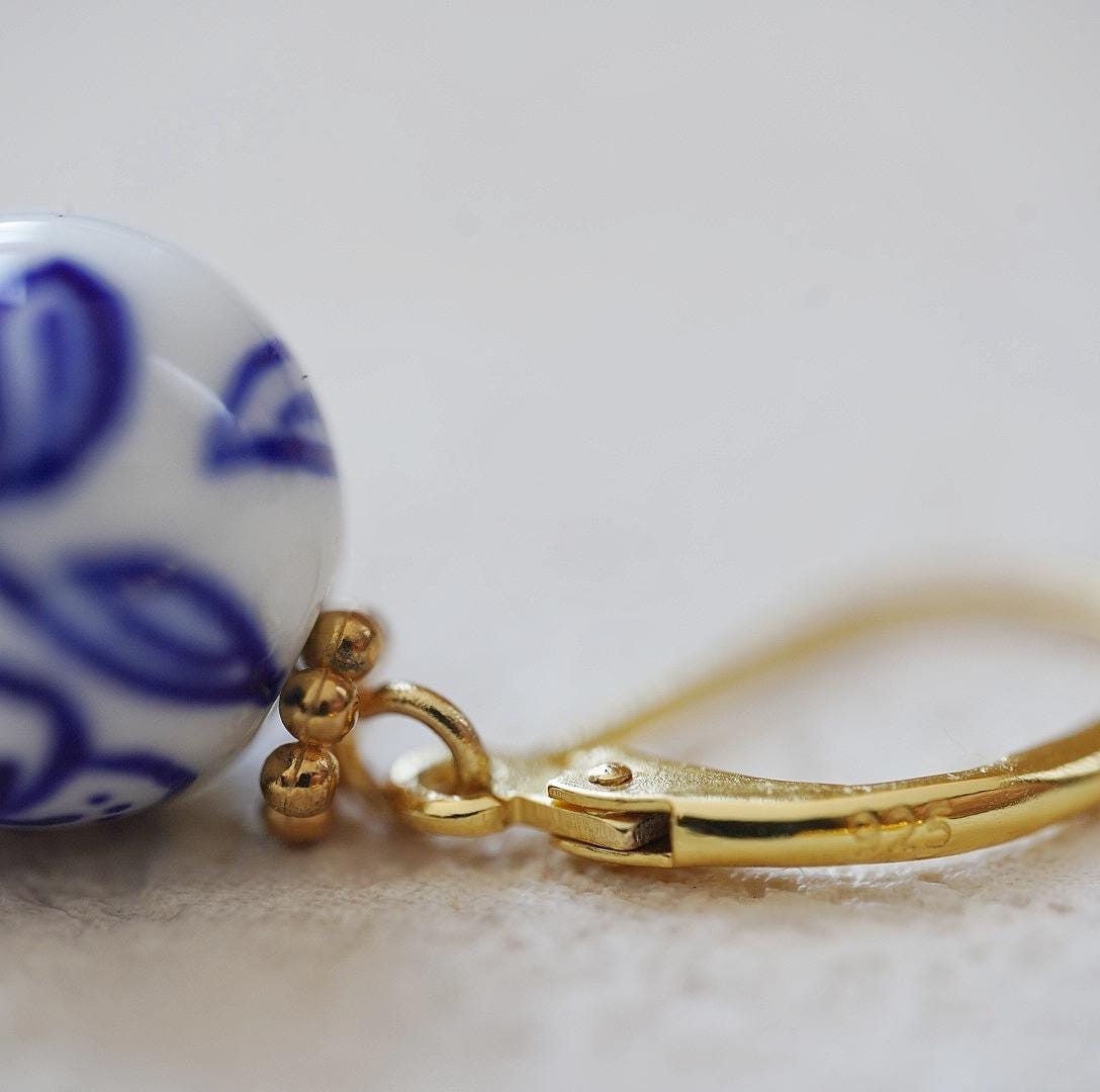 Handcrafted Sakura Blue and White Porcelain Earrings with Freshwater Pearl Drop, Artisan 925 Sterling Silver Hooks