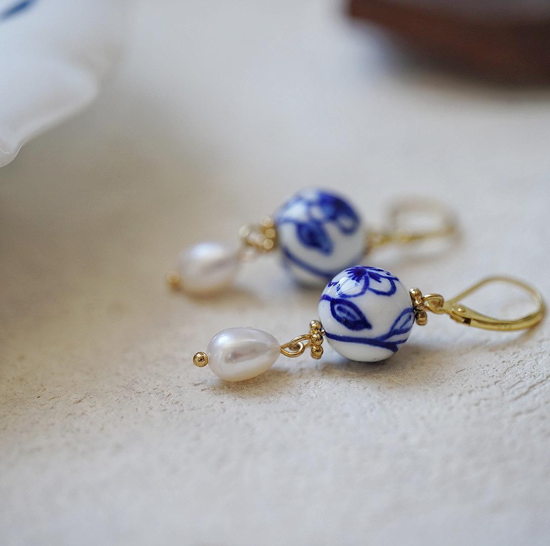 Handcrafted Sakura Blue and White Porcelain Earrings with Freshwater Pearl Drop, Artisan 925 Sterling Silver Hooks