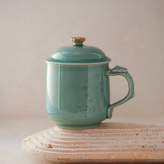 LONGQUAN CELADON Customizable Zen Panda Bamboo Mug | 400ml Handmade Tea Cup with Custom Engraving | Minimalist Chinese Traditional Art Gift