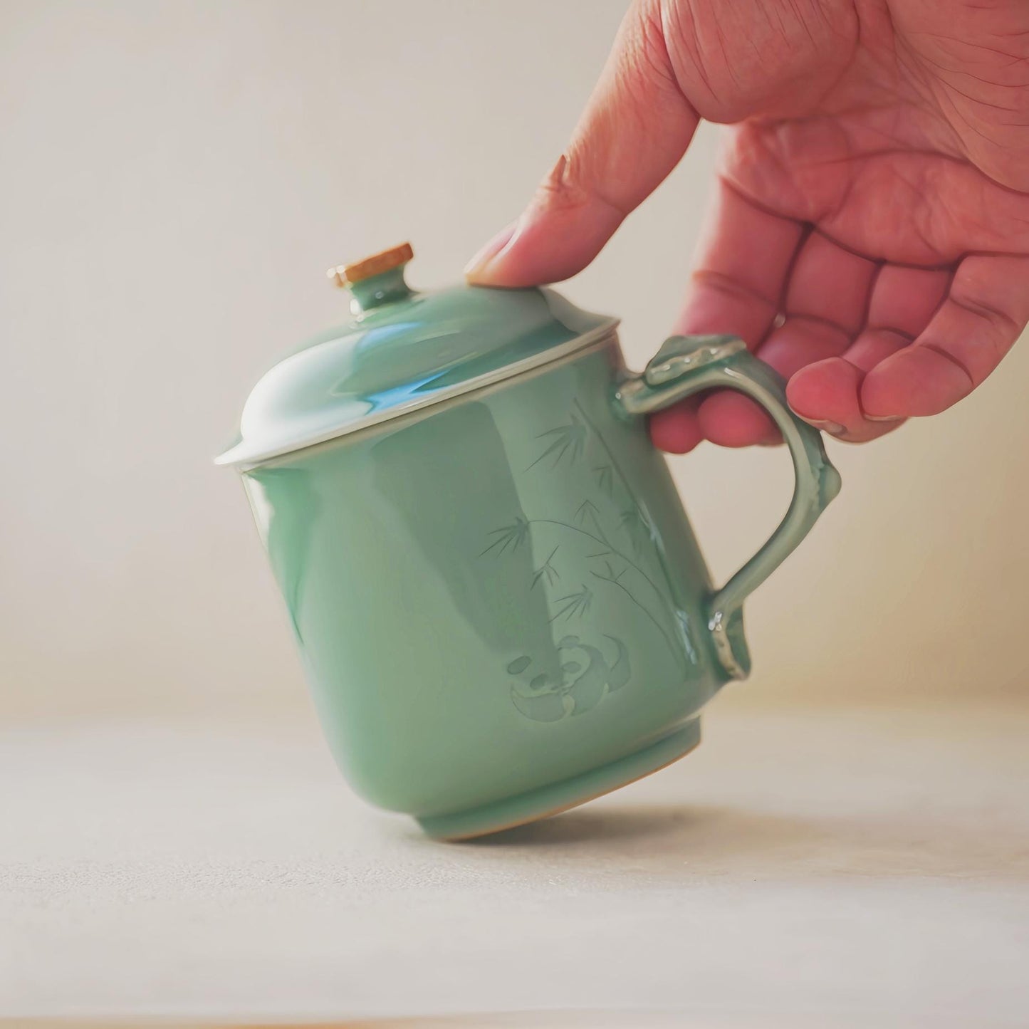 LONGQUAN CELADON Customizable Zen Panda Bamboo Mug | 400ml Handmade Tea Cup with Custom Engraving | Minimalist Chinese Traditional Art Gift